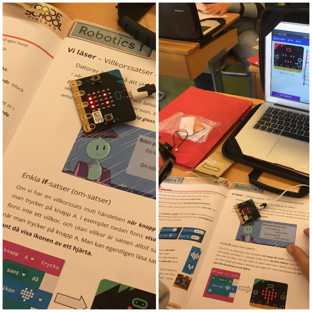 Photo of Code School Finland teaching materials being studied in a Swedish classrom.