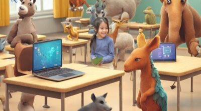 Young student in a classroom surrounded by animals created by AI