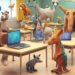 Young student in a classroom surrounded by animals created by AI